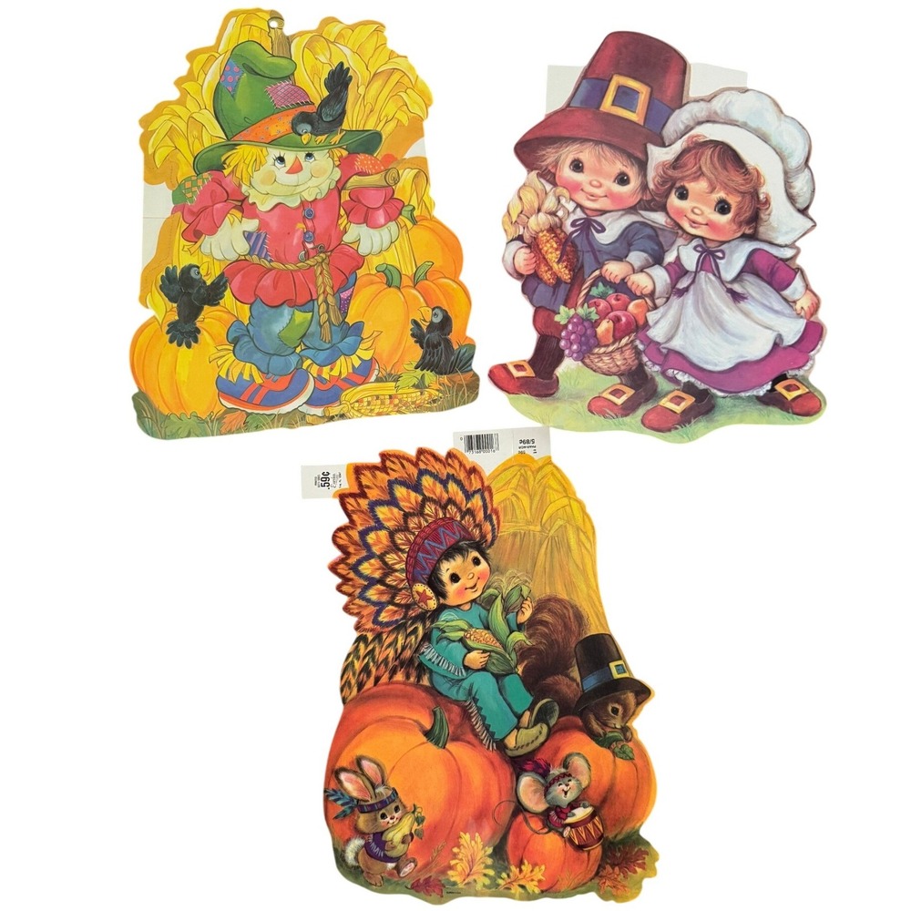 Vintage Thanksgiving Harvest Fall Cardboard Cutouts New Old Stock Lot of 3